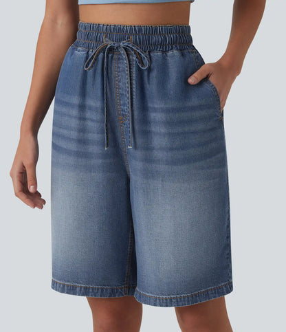 High Waisted Drawstring Denim Casual Bermuda Shorts 9'' with Pockets