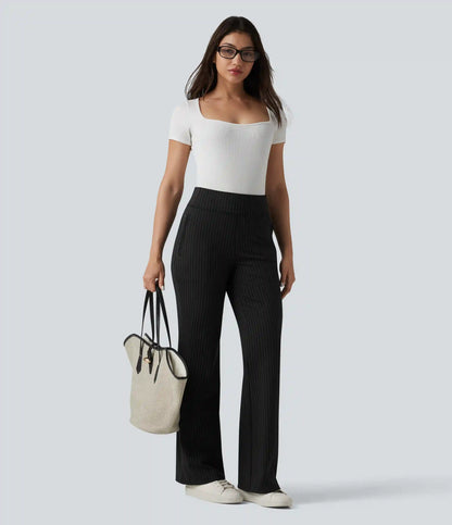 Mid Rise Stripe Work Flare Pants with Pockets