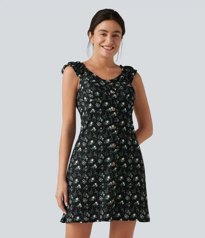 U-Neck Sleeveless Frill Ditsy Floral Built-in Bra Mini A-Line Resort Dress