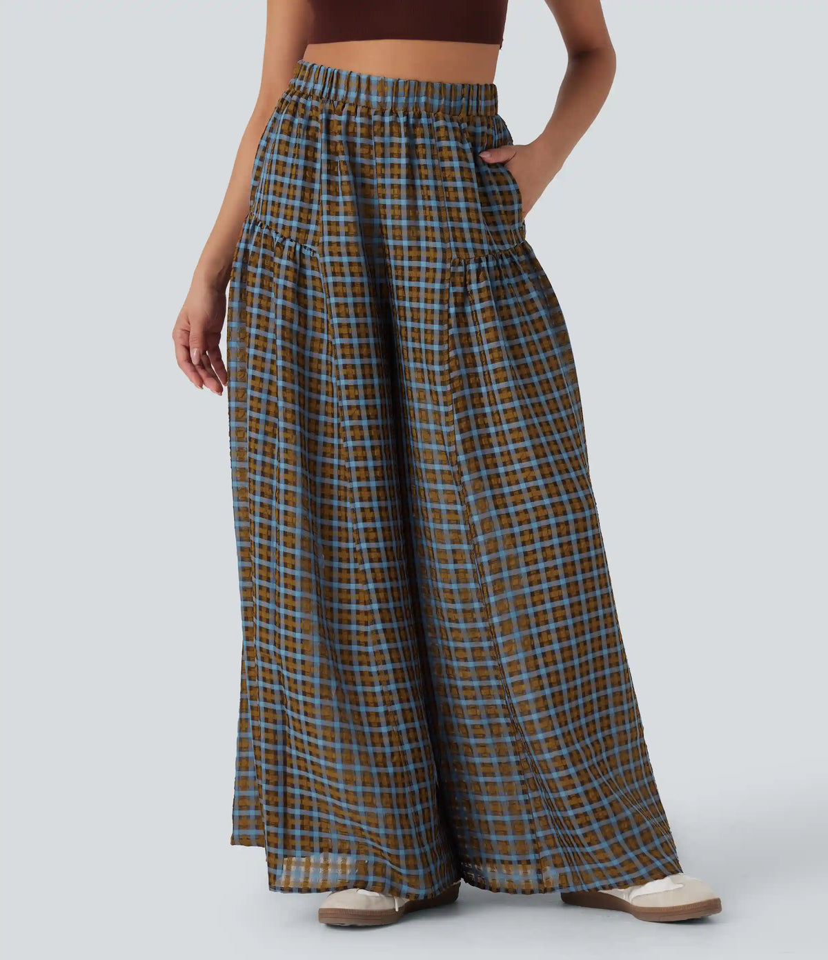 High Waisted Pocket Wide Leg Flowy Plaid Casual Pants