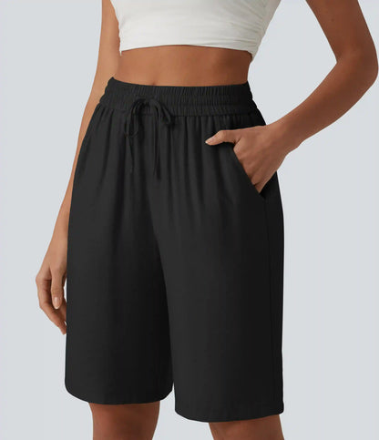 High Waisted Drawstring Casual Linen-Blend Bermuda Shorts 10'' with Pockets