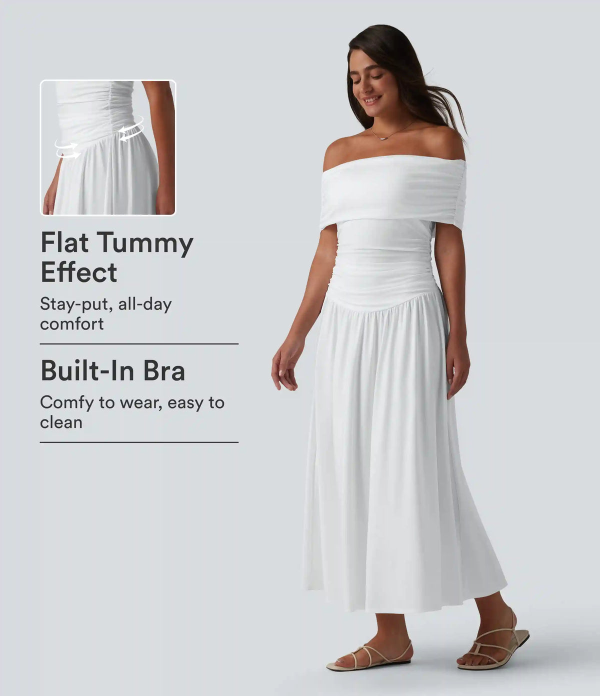 Off-shoulder Tummy Control Ruched Built-in Bra Maxi Flowy Casual Dress A-D Cups