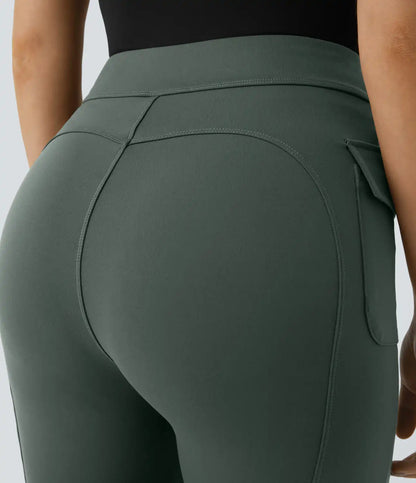 High Waisted Side Flap Pocket Flare Casual Cargo Pants