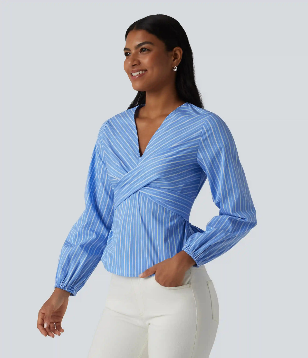 V Neck Long Sleeve Tie Back Stripe Work Blouse