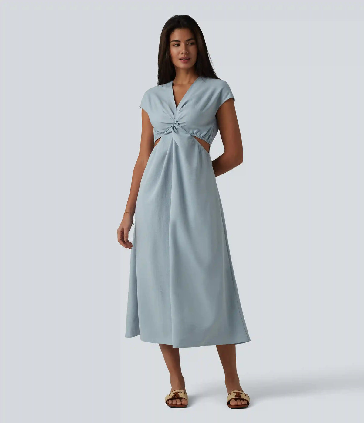 V-neck Short Sleeve Twisted Cut-out Invisible Zipper Midi Resort Dress with Pockets