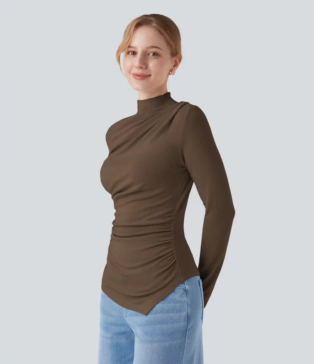 Mock-neck Long Sleeve Ruched Asymmetric Hem Thermal Casual Top