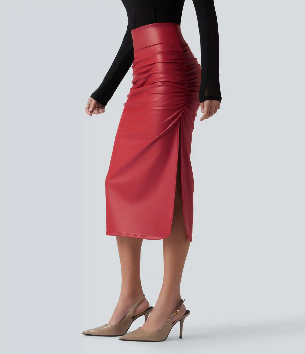 High Waisted Tummy Control Ruched Curved Hem 2-in-1 Fleece PU Midi Casual Skirt