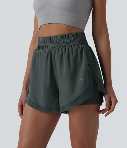 High Waisted Contrast Mesh 2-in-1 Running Shorts with Pockets