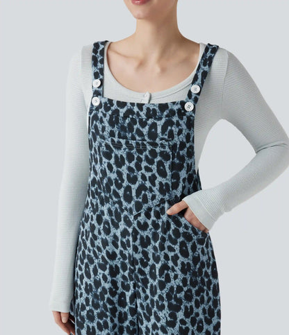 Leopard Print Waffle Casual Overalls with Pockets