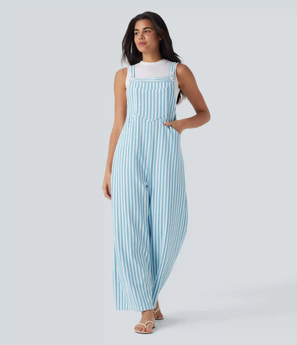 Pockets Stripe Waffle Overalls