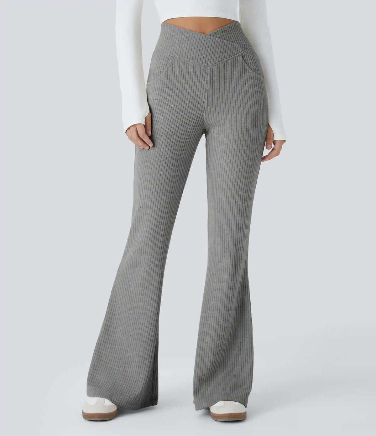 Ribbed Knit Crossover High Waisted Pocket Casual Flare Pants
