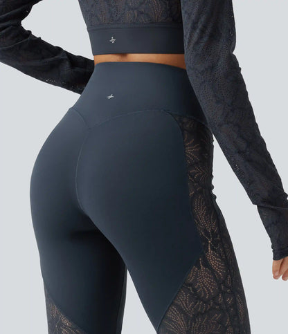 Halara UltraSculpt™ High Waisted Crossover Tummy Control Contrast Lace Yoga Flare Leggings with Pockets