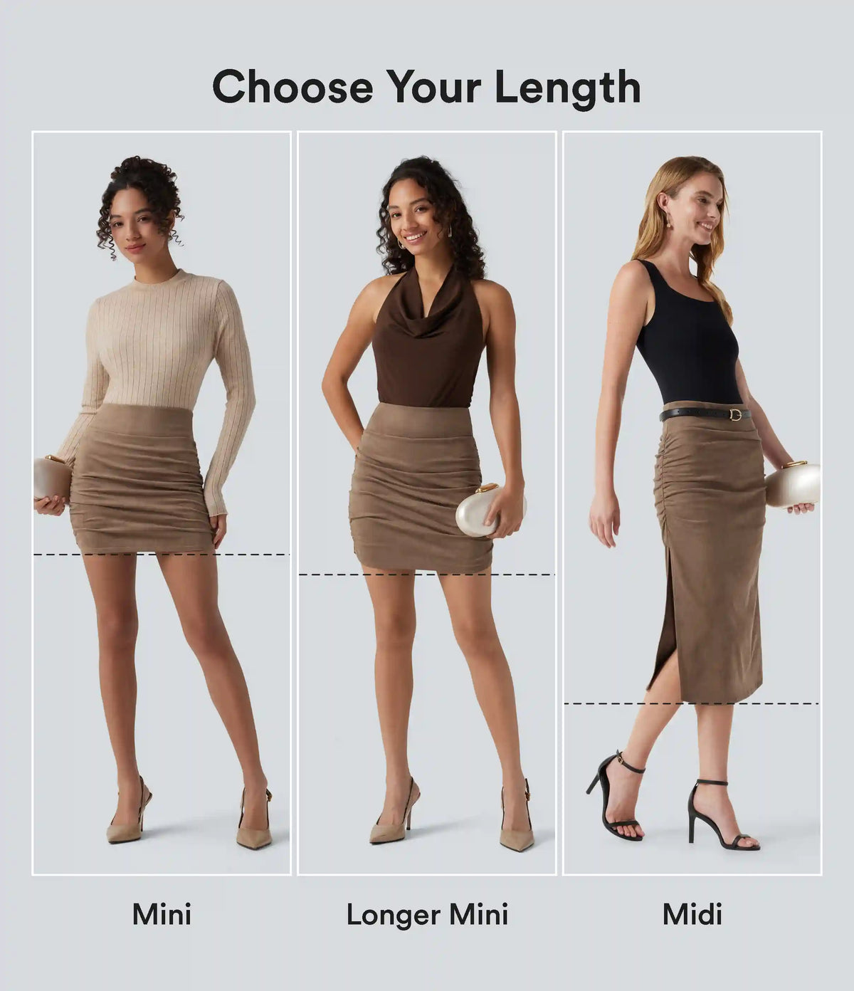 High Waisted Tummy Control Ruched Curved Hem Bodycon 2-in-1 Suede Mini Skirt-Longer Length