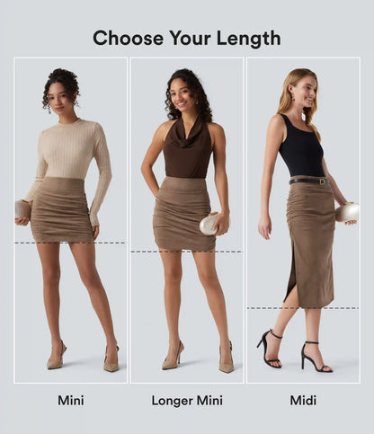 High Waisted Tummy Control Ruched Curved Hem Bodycon 2-in-1 Suede Mini Skirt-Longer Length