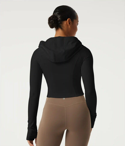 Hooded Long Sleeve Workout Jacket with Thumb Hole