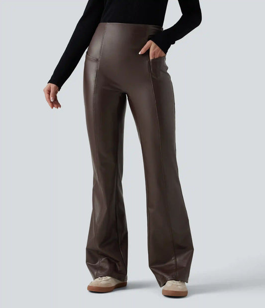 High Waisted Tummy Control Stretchy PU Fleece Casual Flare Pants with Pockets