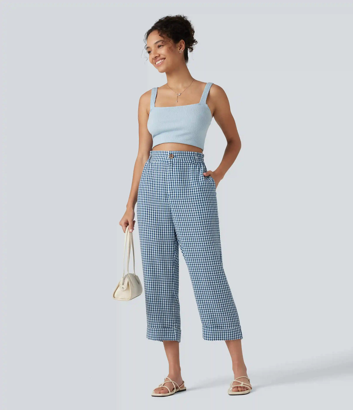 High Waisted Cropped Plaid Casual Linen-Feel Pants with Pockets