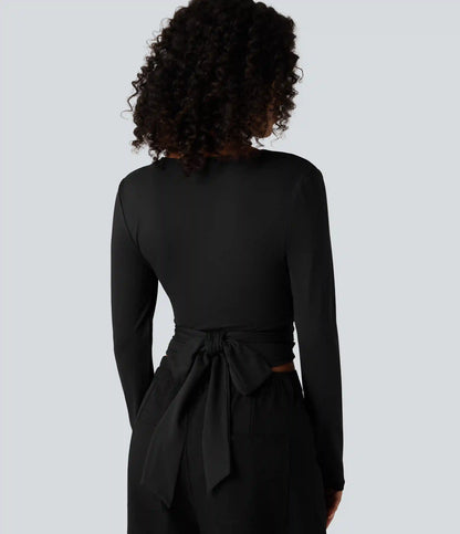 V Neck Long Sleeve Lace Up Work Top