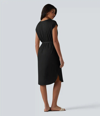 V-neck Short Sleeve Belted Curved Hem Casual T-Shirt Dress
