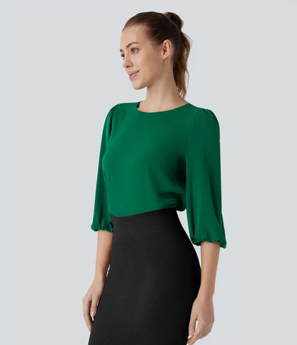 Boat Neck Keyhole Back Bishop Sleeve Work Linen-Feel Blouse