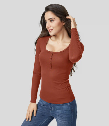 Ribbed Henley Neck Long Sleeve Slim Casual T-Shirt