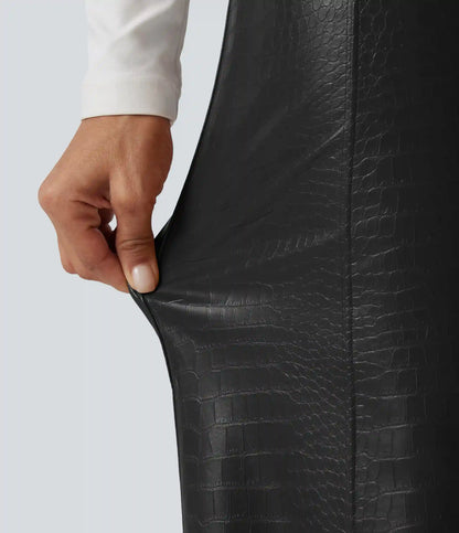 High Waisted Tummy Control Snakeskin Print Stretchy PU Fleece Flare Casual Pants with Pockets
