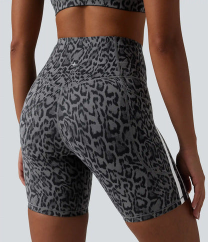 Halara UltraSculpt™ Leopard Print High Waisted Tummy Control Color Block Stripes Training Biker Shorts 7'' with Pockets