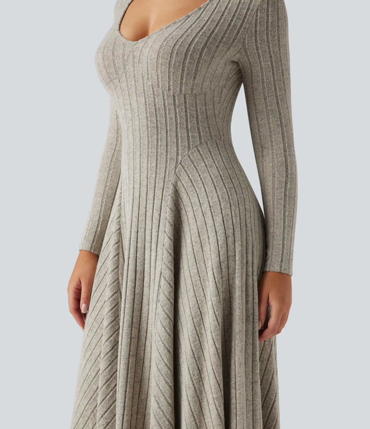 Ribbed Knit V Neck Long Sleeve Flare Midi Casual Dress