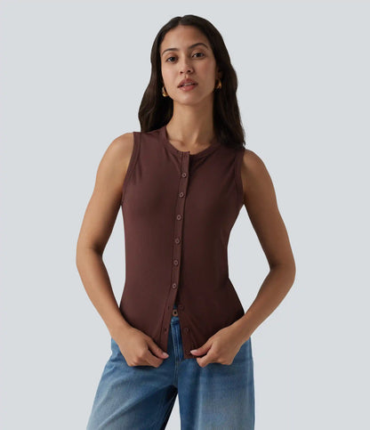 Ribbed Knit Round Neck Casual Tank Top-UPF40+