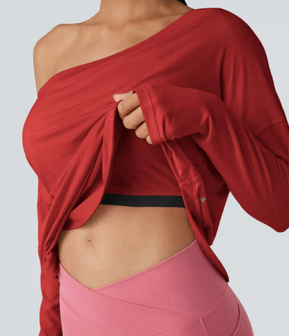 One Shoulder Long Sleeve Thumb Hole Curved Hem High Low Quick Dry Yoga Sports Top-Built-in Bra