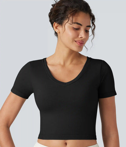 OneForm Seamless Flow V Neck Short Sleeve Built-in Bra Cropped Yoga Sports Top