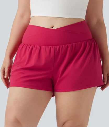 SoftlyZero™ Airy Crossover High Waisted 2-in-1 InstantCool Yoga Plus Size Shorts 3'' with Pockets