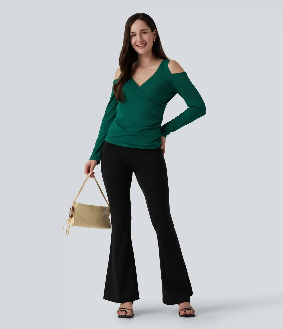 V Neck Long Sleeve Crossover Ruched Casual Top