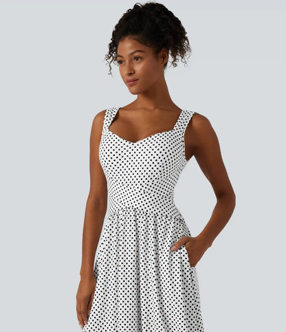 Sleeveless Backless Crossover Built-in Bra Polka Dot Midi Casual Flowy Dress with Pockets DD-F Cups