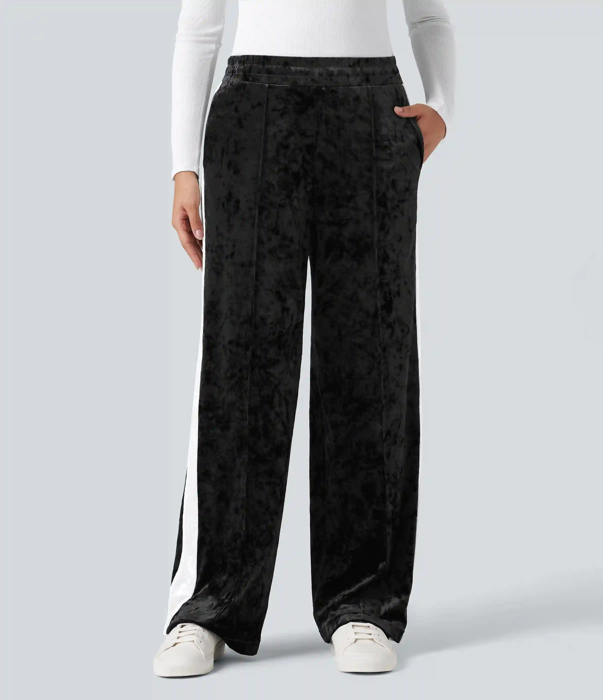 Mid Rise Drawstring Color Block Velvet Casual Straight Leg Pants with Pockets