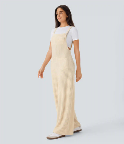 Ribbed Knit Pockets Casual Overalls