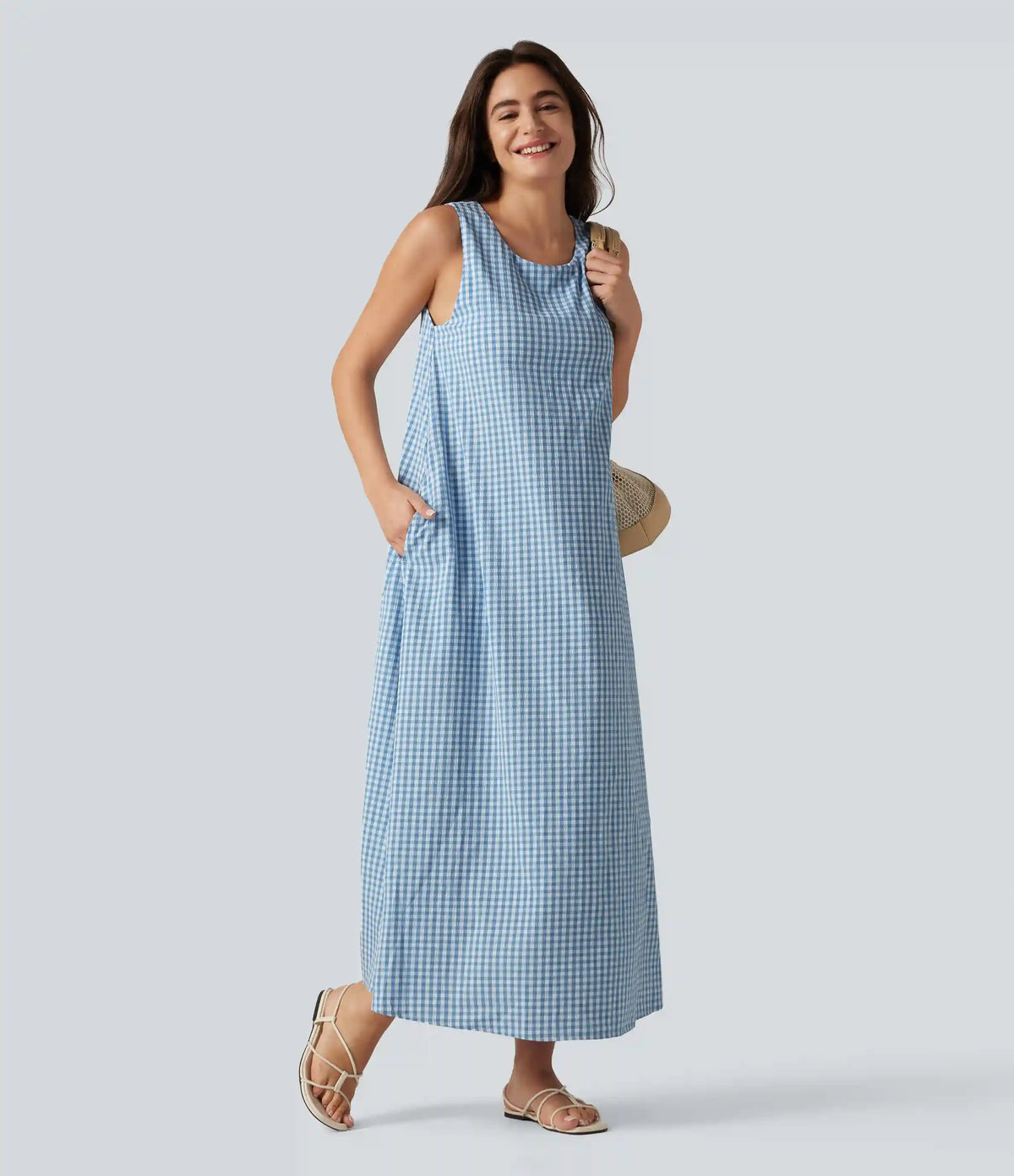 Round Neck Sleeveless Built-in Bra Midi Crinkle Gingham Casual Tank Dress with Pockets
