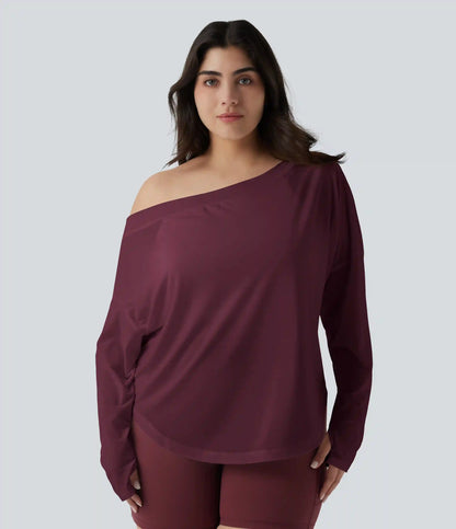 One Shoulder Long Sleeve Thumb Hole Curved Hem High Low Quick Dry Yoga Plus Size Sports Top-Built-in Bra