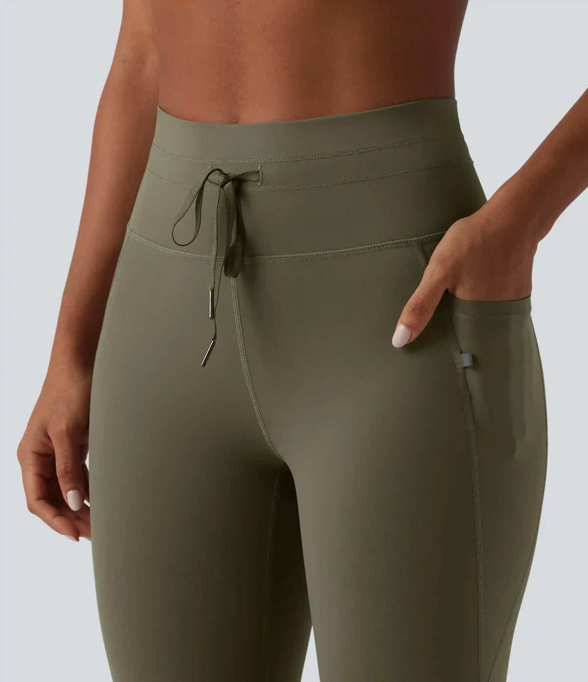 High Waisted Drawstring Plain Yoga 7/8 Leggings with Pockets