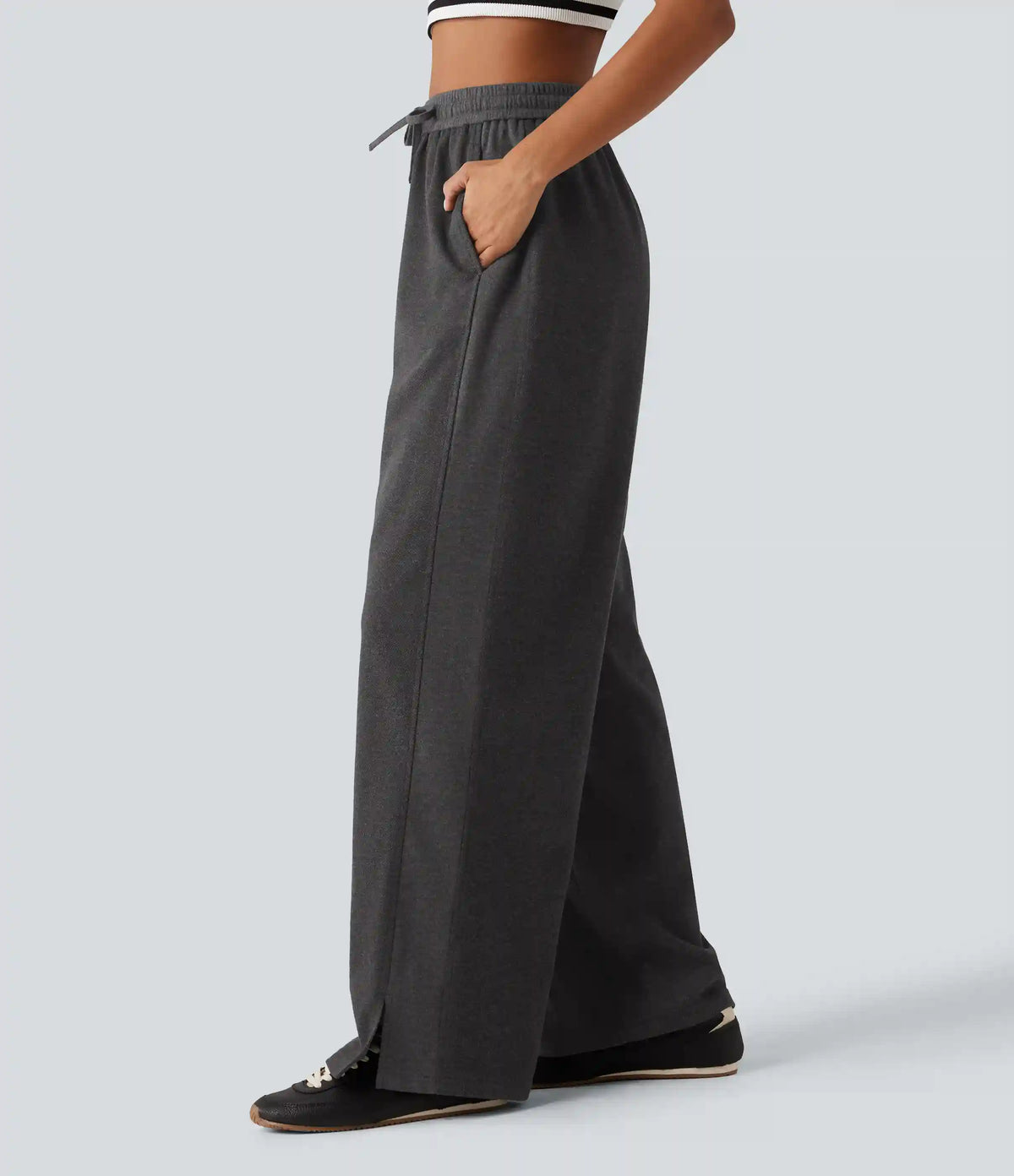 High Waisted Drawstring Straight Leg Casual Pants with Pockets