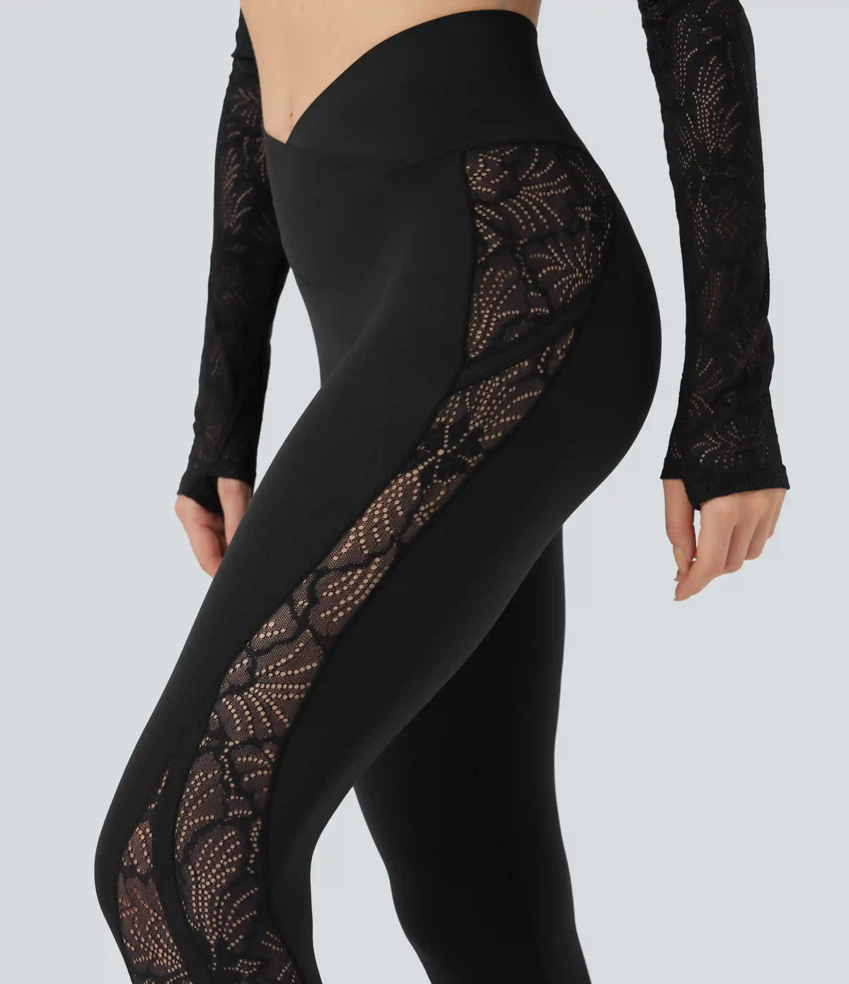 SoftlyZero™ Crossover Mid Rise Contrast Lace Yoga Leggings with Pocket
