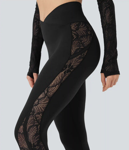 SoftlyZero™ Crossover Mid Rise Contrast Lace Yoga Leggings with Pocket
