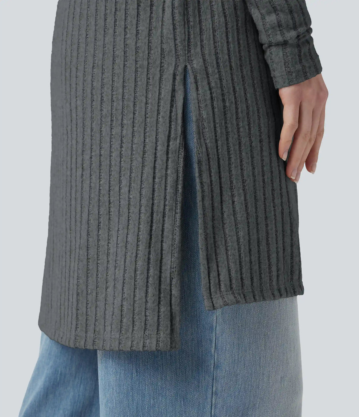 Ribbed Knit Long Sleeve Split Casual Cardigan