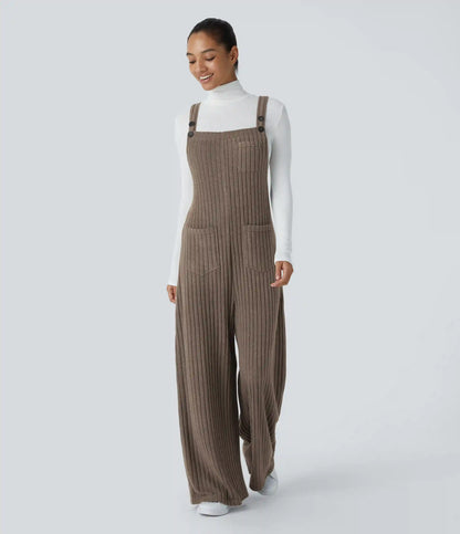 Ribbed Knit Pockets Casual Overalls