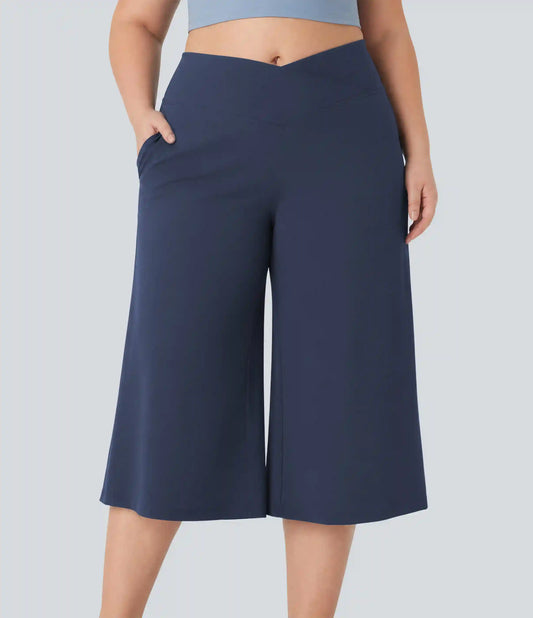 SoftlyZero™ Airy Crossover High Waisted Wide Leg InstantCool Yoga Pedal Pusher Plus Size Pants with Pockets