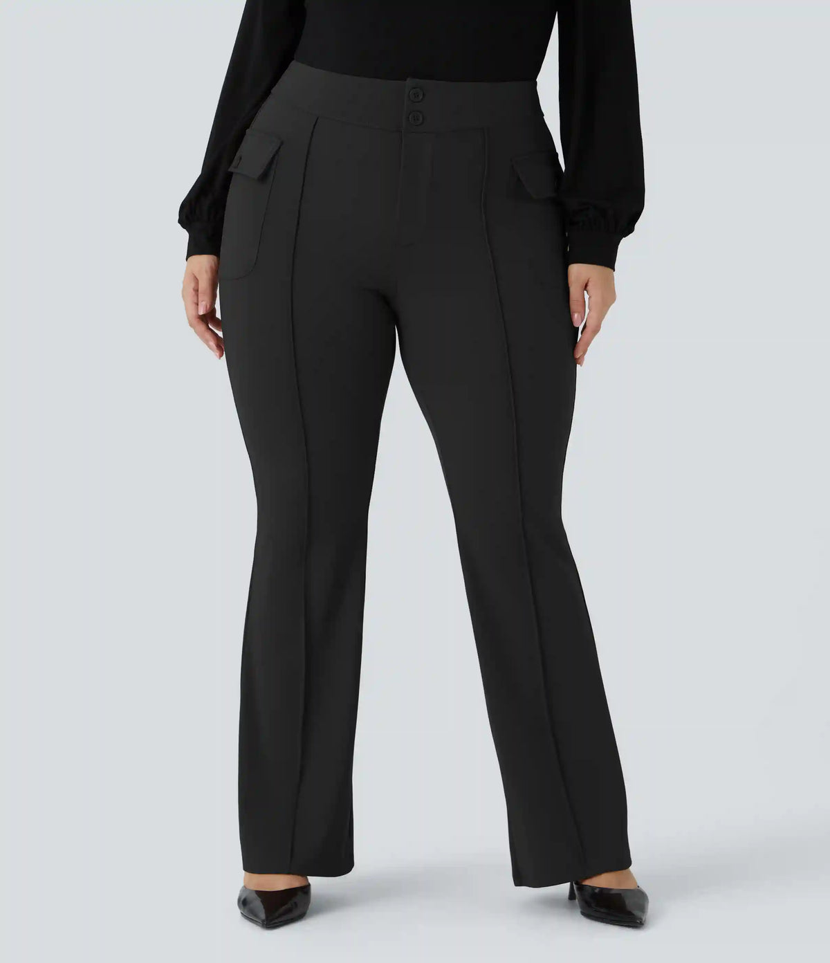 High Waisted Side Flap Pocket Flare Plus Size Casual Cargo Pants
