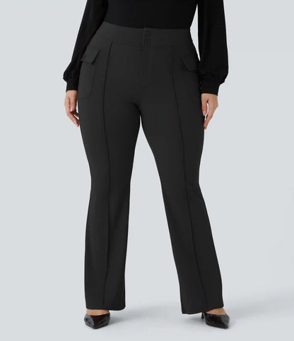 High Waisted Side Flap Pocket Flare Plus Size Casual Cargo Pants