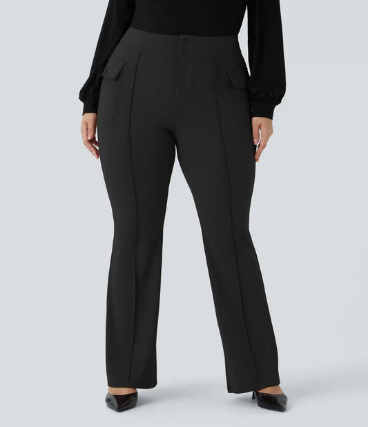 High Waisted Side Flap Pocket Flare Plus Size Casual Cargo Pants