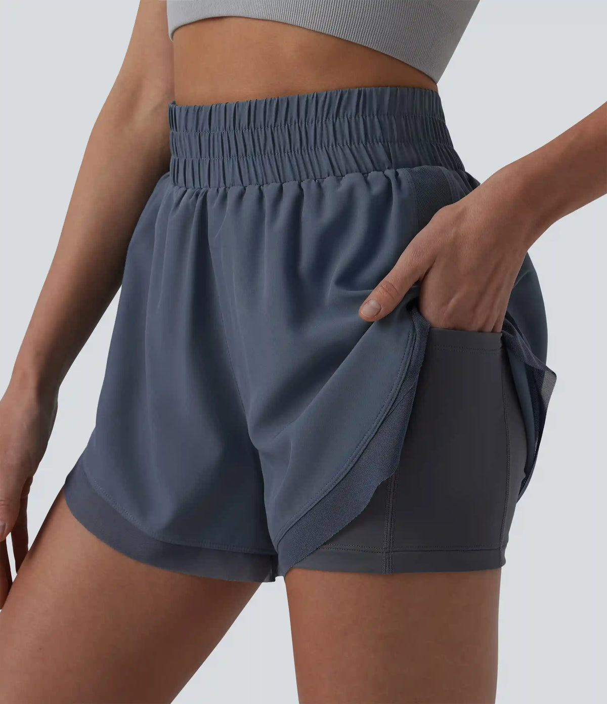 High Waisted Contrast Mesh 2-in-1 Running Shorts with Pockets