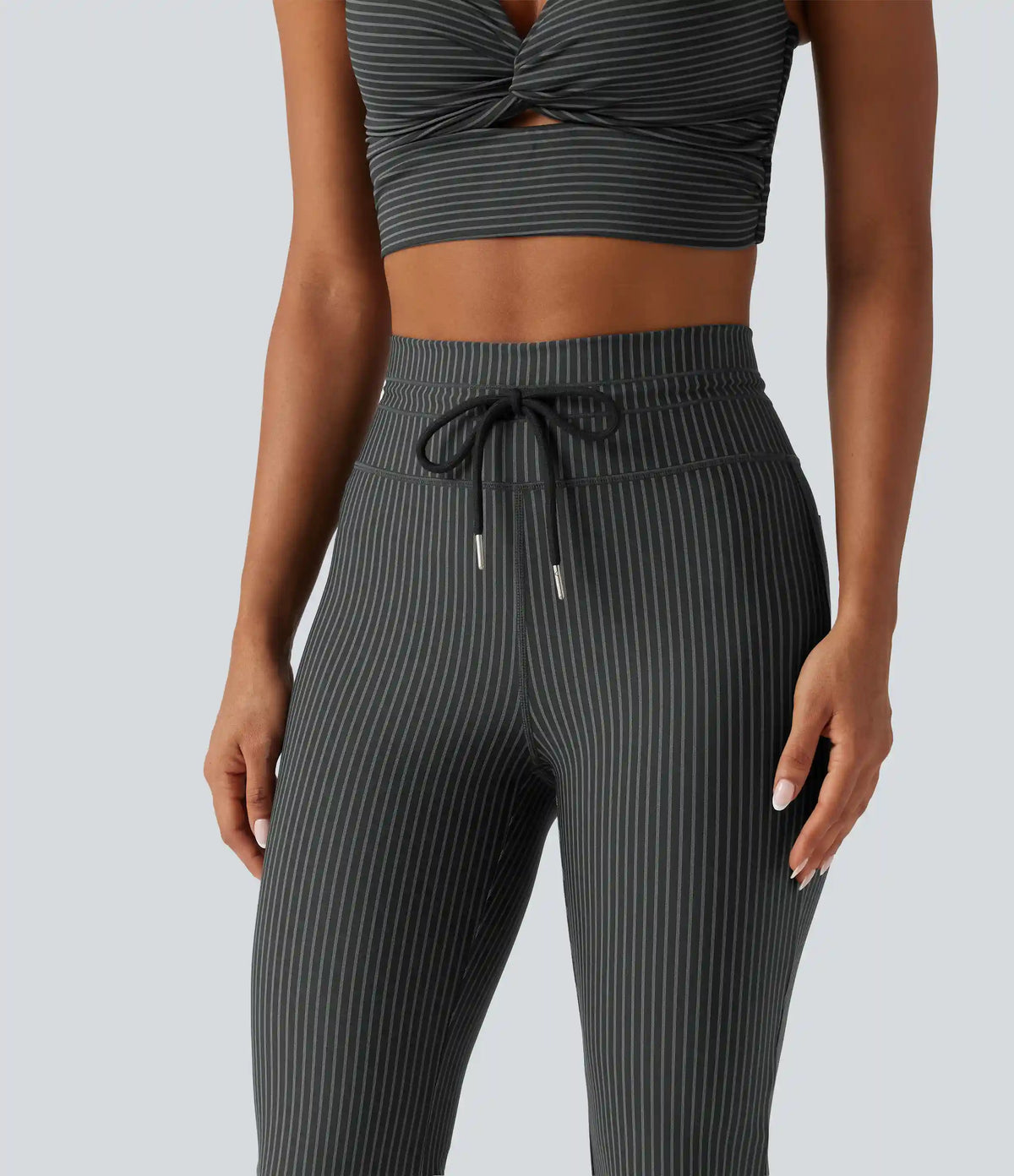 High Waisted Drawstring Stripe Flare Yoga Pants with Pockets